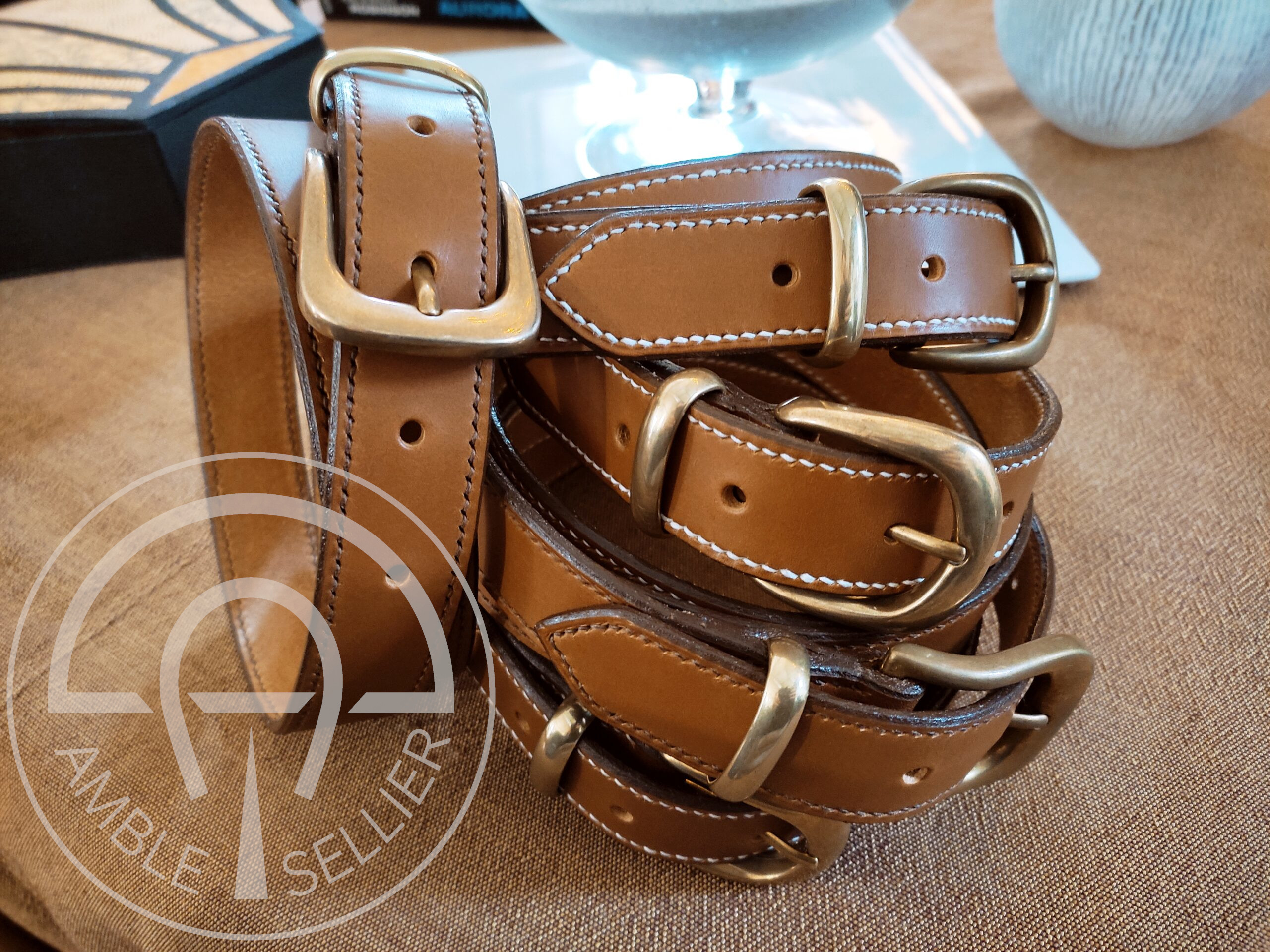 Ceinture en cuir de vache tannage végétal cognac et boucles laiton - AMBLE Sellier